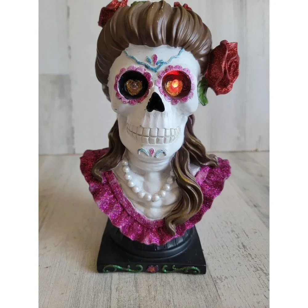 Cinco de Mayo skeleton woman bust animated head‎ Rose Halloween prop